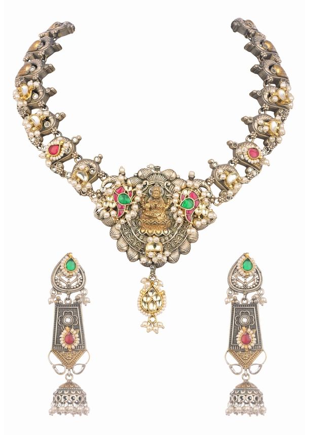 Silver And Multicolor Oxidized Ethnic Boho Necklace Set In Mix Metal Silver And Multicolor Oxidized Ethnic Boho Necklace Set In Mix Metal