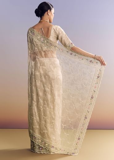 Silver Glass Tissue Saree With Jaal Work And Multicolor Sequin Embroidery