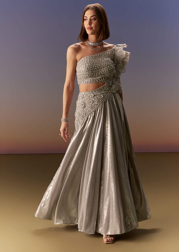 Silver One Shoulder Gown With Intricate Cut Dana Embroidery Silver One Shoulder Gown With Intricate Cut Dana Embroidery