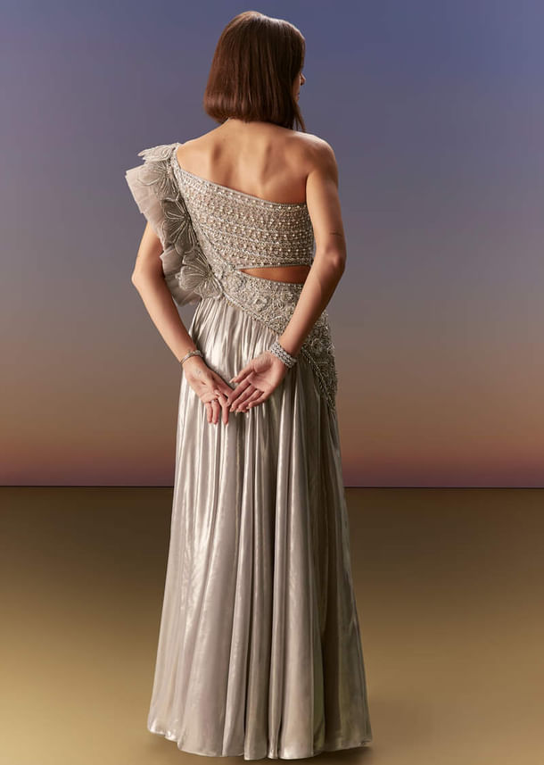 Silver One Shoulder Gown With Intricate Cut Dana Embroidery Silver One Shoulder Gown With Intricate Cut Dana Embroidery