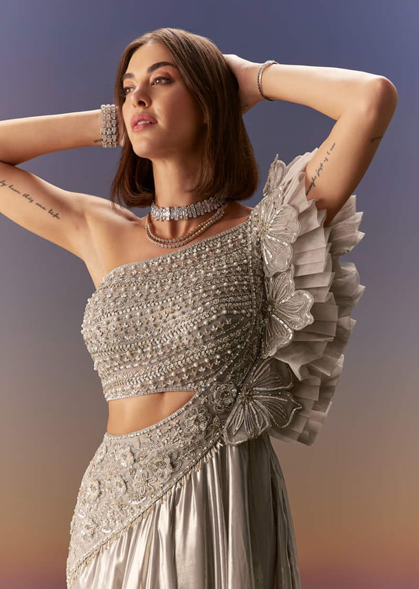 Silver One Shoulder Gown With Intricate Cut Dana Embroidery Silver One Shoulder Gown With Intricate Cut Dana Embroidery