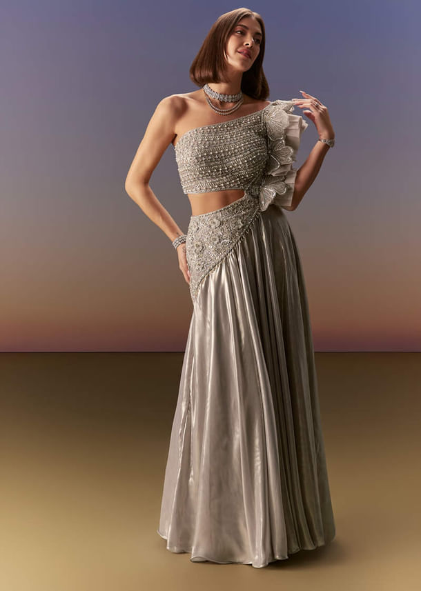 Silver One Shoulder Gown With Intricate Cut Dana Embroidery Silver One Shoulder Gown With Intricate Cut Dana Embroidery
