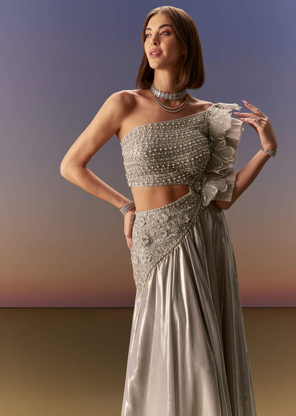 Silver One Shoulder Gown With Intricate Cut Dana Embroidery Silver One Shoulder Gown With Intricate Cut Dana Embroidery