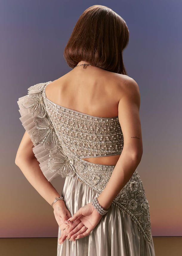 Silver One Shoulder Gown With Intricate Cut Dana Embroidery Silver One Shoulder Gown With Intricate Cut Dana Embroidery