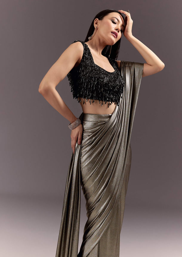 Silver Ready Drape Cutdana Saree With Round Neck Blouse Silver Ready Drape Cutdana Saree With Round Neck Blouse