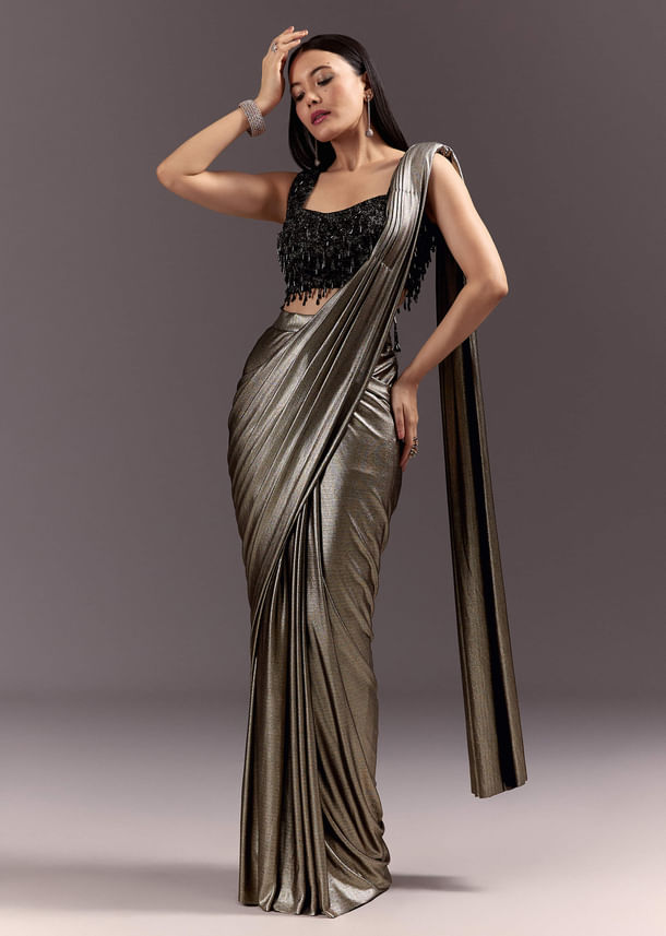Silver Ready Drape Cutdana Saree With Round Neck Blouse Silver Ready Drape Cutdana Saree With Round Neck Blouse