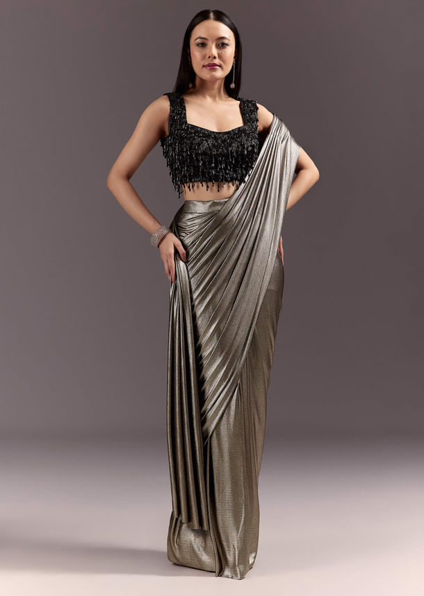 Silver Ready Drape Cutdana Saree With Round Neck Blouse Silver Ready Drape Cutdana Saree With Round Neck Blouse