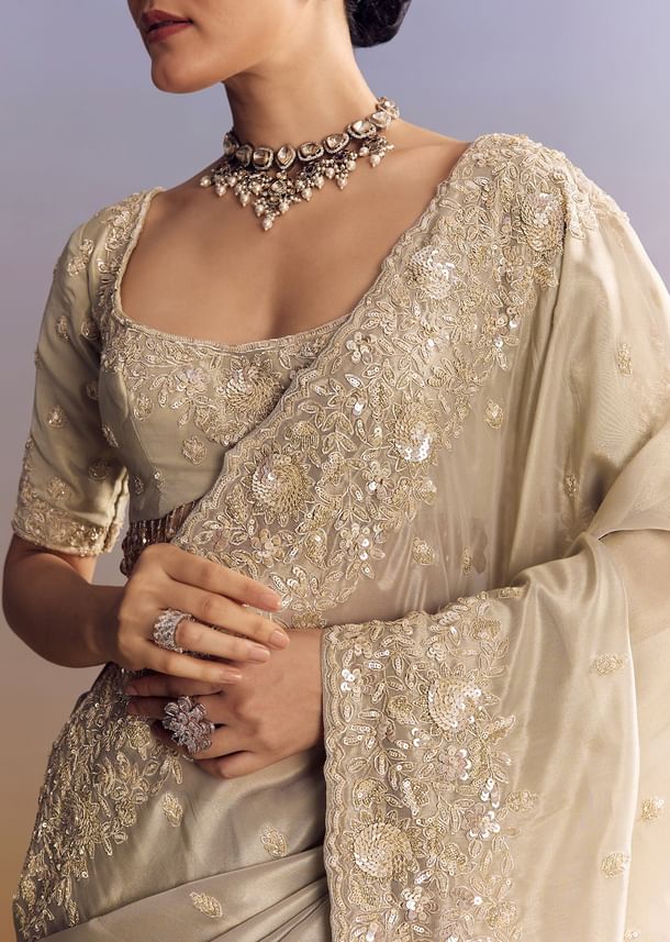 Silver Tissue Saree Embellished With Beads And Sequins