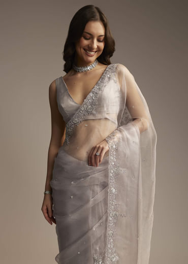 Silver Tissue Saree with Cutdana  Sequin Embroidery