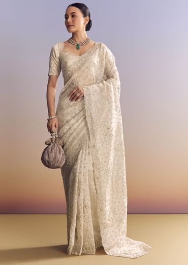 Silver Tissue Saree With Cutwork And Unstitched Embellished Blouse