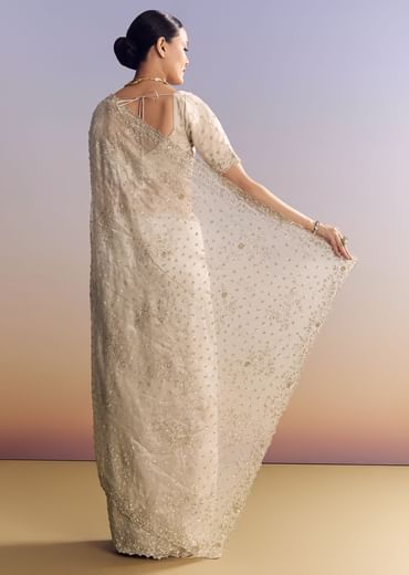 Silver Tissue Saree With Cutwork And Unstitched Embellished Blouse