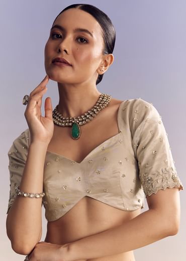 Silver Tissue Saree With Cutwork And Unstitched Embellished Blouse