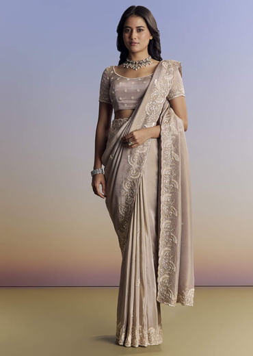 Silver Tissue Saree With Embroidered Scallop Border And Sequin Moti Work
