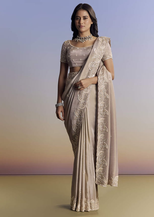 Silver Tissue Saree With Embroidered Scallop Border And Sequin Moti Work