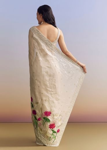 Silver Tissue Saree With Intricate Resham Work And Embroidered Border