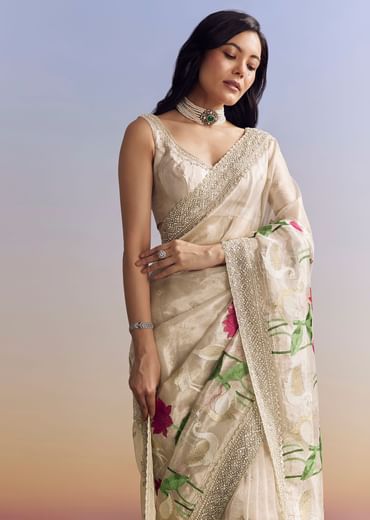 Silver Tissue Saree With Intricate Resham Work And Embroidered Border