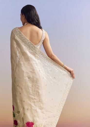 Silver Tissue Saree With Intricate Resham Work And Embroidered Border