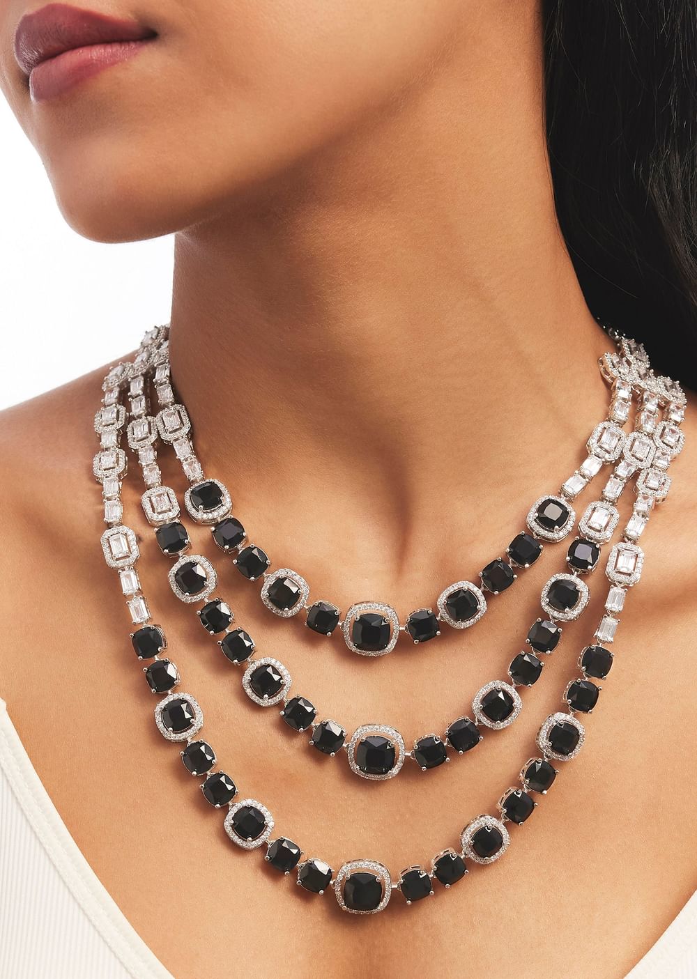 Silver And Black Stone Studded Layered Necklace Set