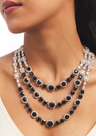 Silver And Black Stone Studded Layered Necklace Set
