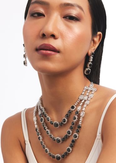 Silver And Black Stone Studded Layered Necklace Set