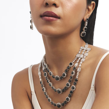 Silver And Black Stone Studded Layered Necklace Set