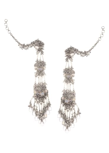 Silver And White Handcrafted Dangler Earrings In Mix Metal
