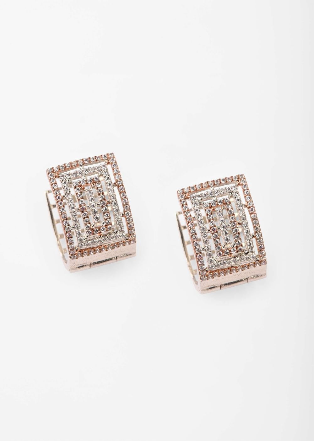Silver Earrings With Rose Gold Plating And Swarovski Studded Geometric Design