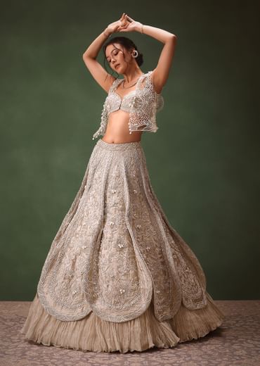 Silver Embroidered Lehenga With Blouse And Jacket