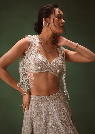 Silver Embroidered Lehenga With Blouse And Jacket