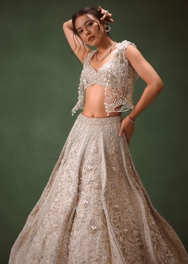 Silver Embroidered Lehenga With Blouse And Jacket