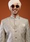 Silver Grey Sherwani Set In Tussar Silk
