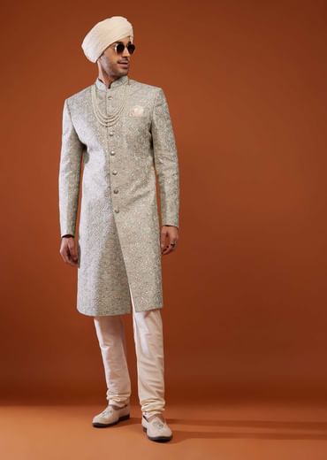 Silver Grey Sherwani Set In Tussar Silk