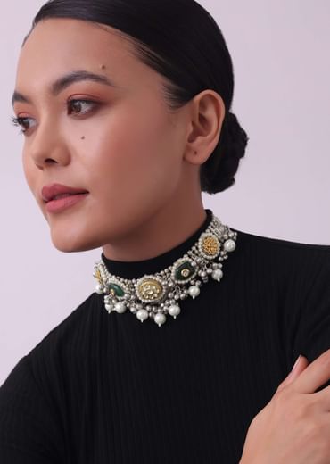 Silver Finish Choker And Earring Set Infused With Kundan Work And Pearls