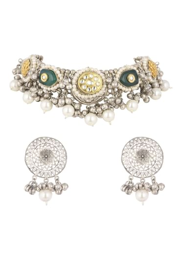 Silver Finish Choker And Earring Set Infused With Kundan Work And Pearls