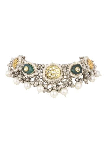 Silver Finish Choker And Earring Set Infused With Kundan Work And Pearls