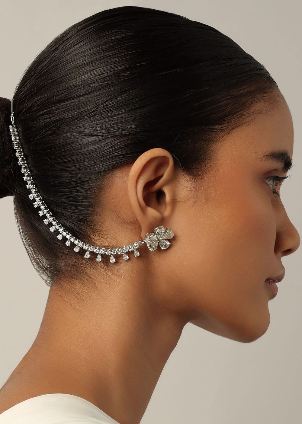 Silver Finish Ear Chain With White Zirconia