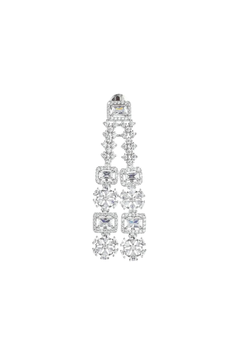 Silver Finish Long Necklace Set Studded With Faux Diamonds