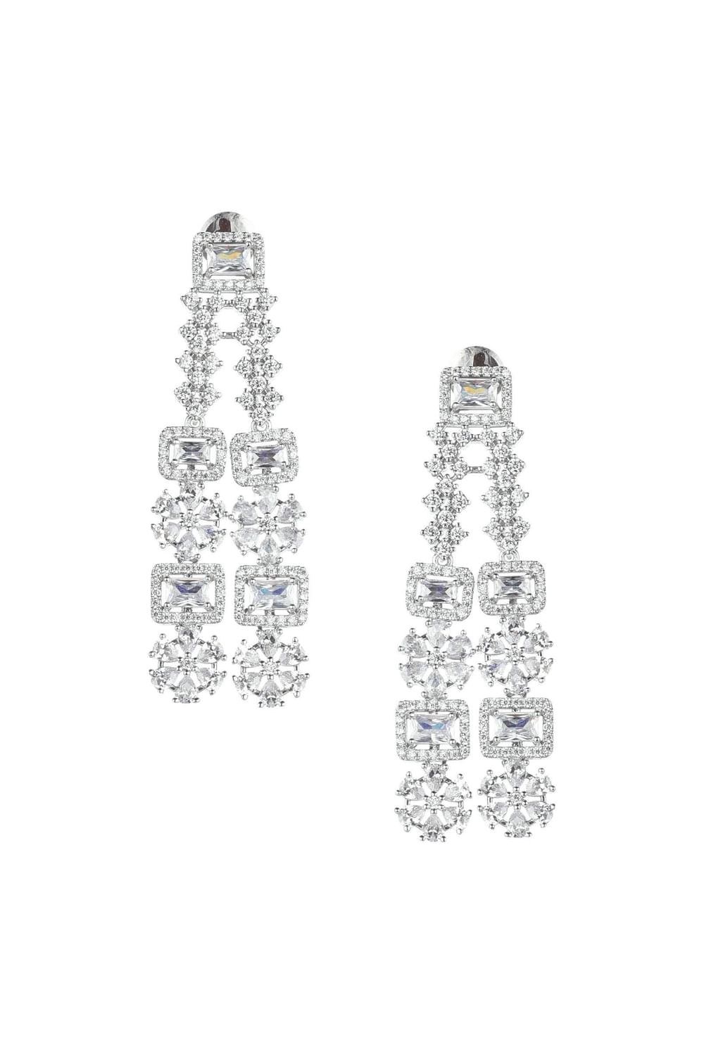 Silver Finish Long Necklace Set Studded With Faux Diamonds