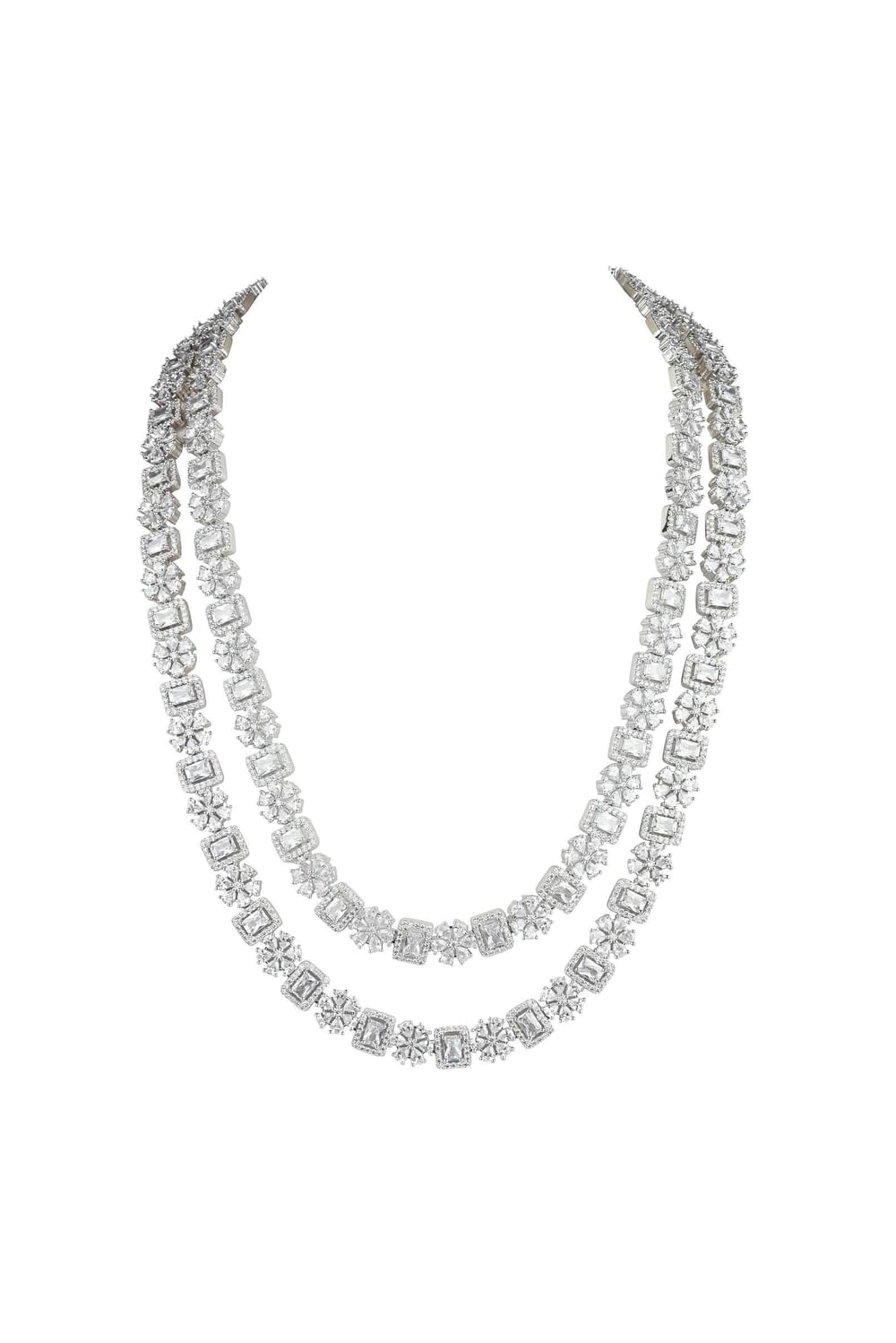 Silver Finish Long Necklace Set Studded With Faux Diamonds