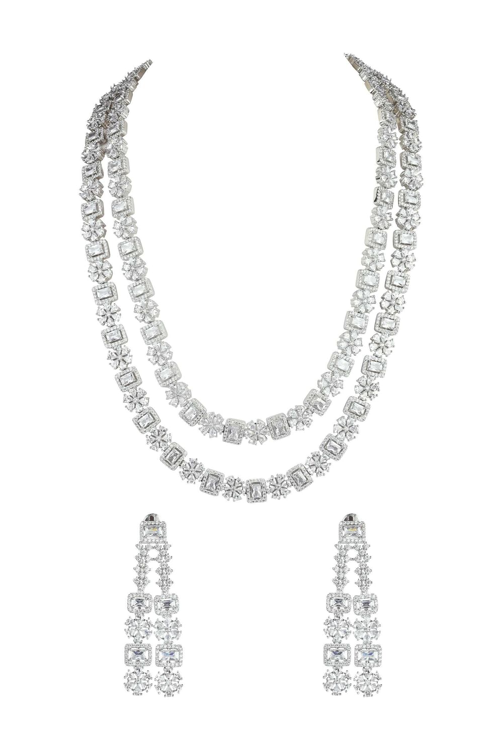 Silver Finish Long Necklace Set Studded With Faux Diamonds