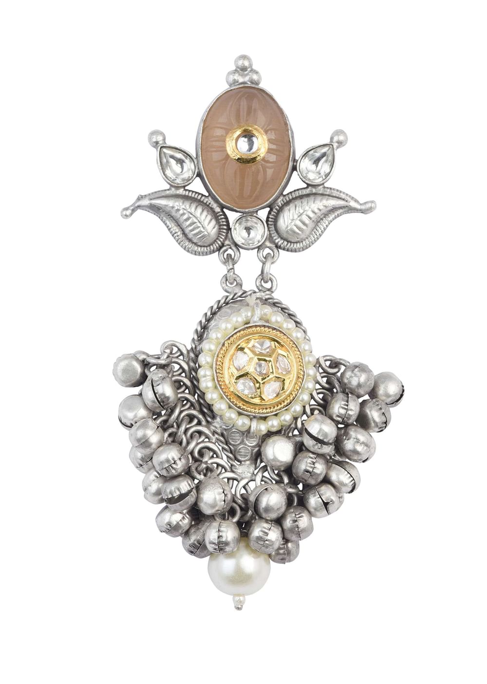 Silver Finish Orange Oxidsed Danglers With Meenakari And Carved Detail
