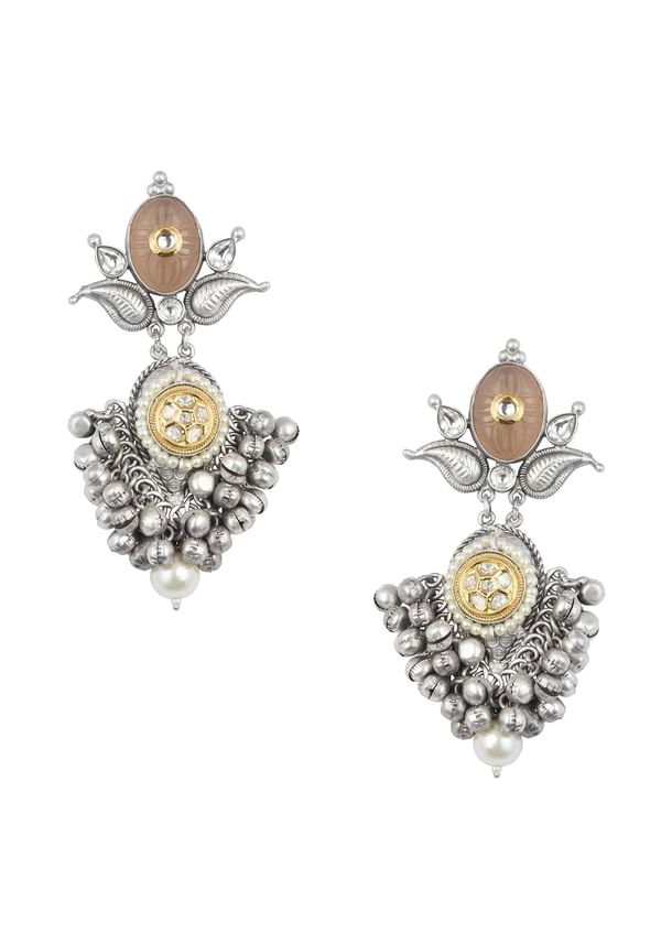 Silver Finish Orange Oxidsed Danglers With Meenakari And Carved Detail Silver Finish Orange Oxidsed Danglers With Meenakari And Carved Detail