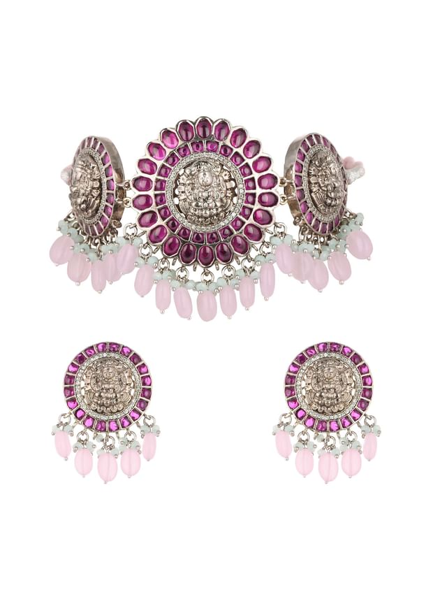 Silver Finish Oxidised Choker Set With Meenakari Work