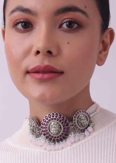 Silver Finish Oxidised Choker Set With Meenakari Work
