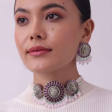 Silver Finish Oxidised Choker Set With Meenakari Work