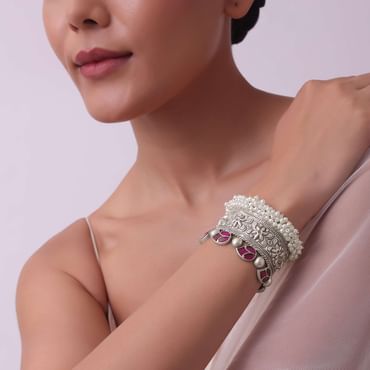Silver Finish Oxidised Kada With Meenakari Work
