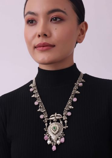 Silver Finish Oxidised Long Necklace Set With Beads