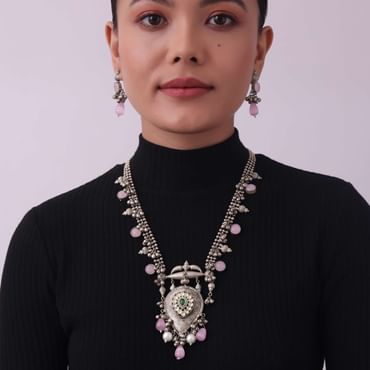 Silver Finish Oxidised Long Necklace Set With Beads