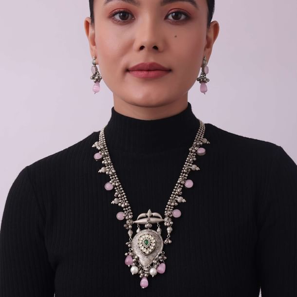 Silver Finish Oxidised Long Necklace Set With Beads Silver Finish Oxidised Long Necklace Set With Beads