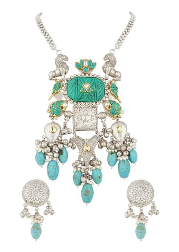 Silver Finish Oxidised Long Necklace Set Infused With Kundan Work And Beads
